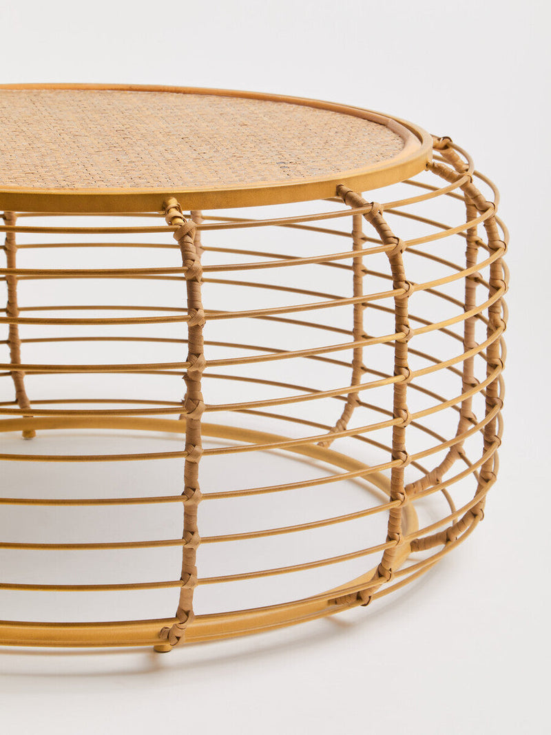 Natural Round Hand Woven Rattan Top Coffee Table with Gold Finish Cage Base | Trento