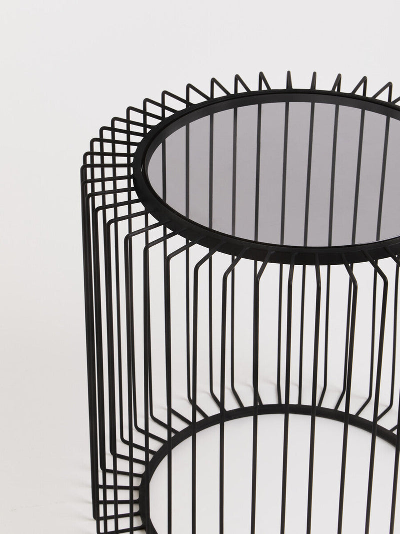 Tempered Glass Top Round Side Table with Black Wireframe Cage Design Base | Trento
