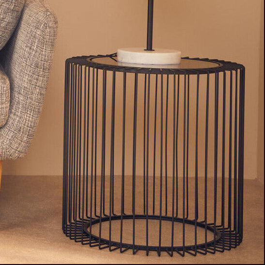 Tempered Glass Top Round Side Table with Black Wireframe Cage Design Base | Trento