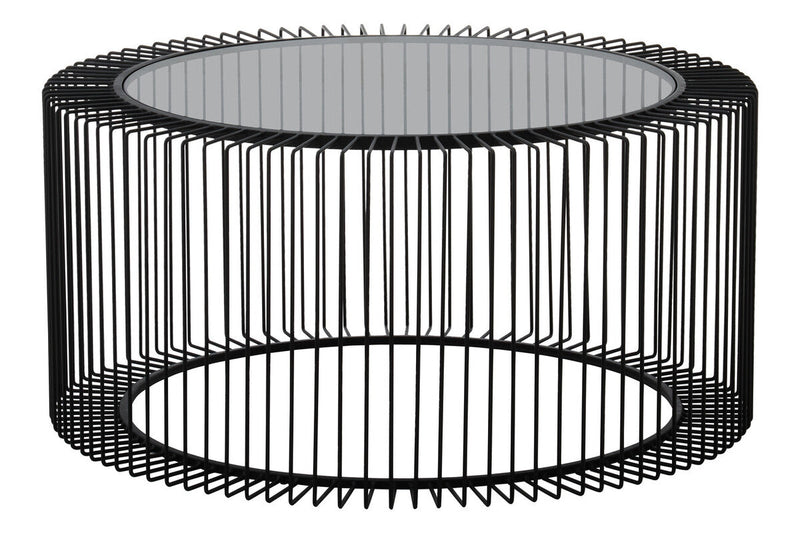 Tempered Glass Top Round Coffee Table with Black Wireframe Cage Design Base | Trento