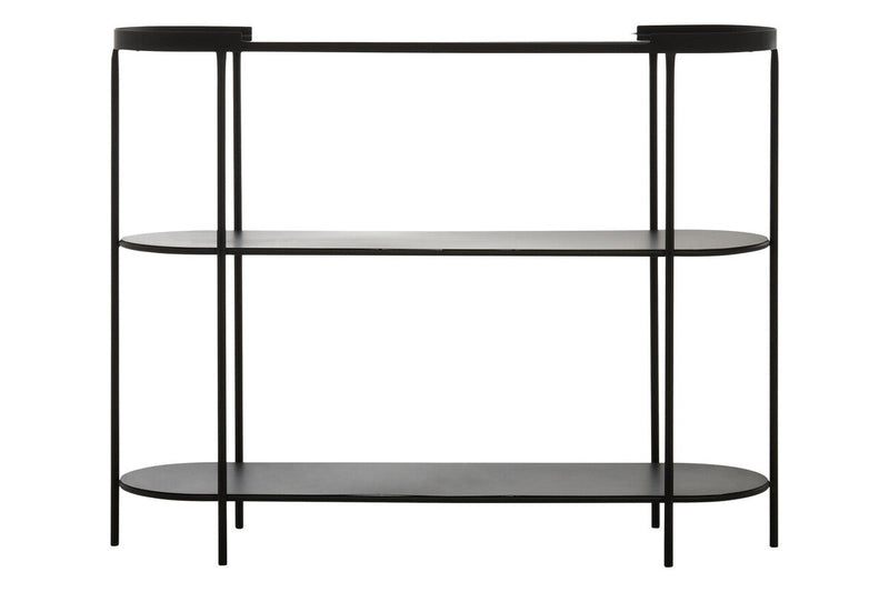 Grey Glass Top Console Table with Two-Tier Shelves and Black Metal Frame, Trento