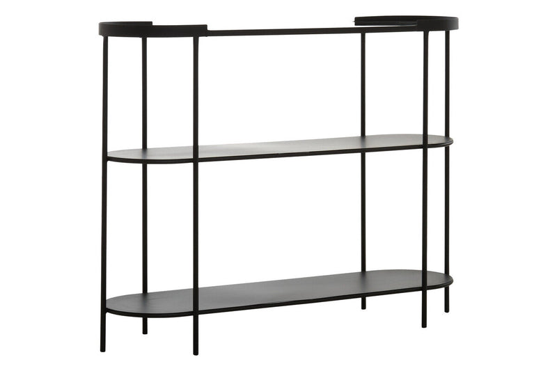 Grey Glass Top Console Table with Two-Tier Shelves and Black Metal Frame, Trento
