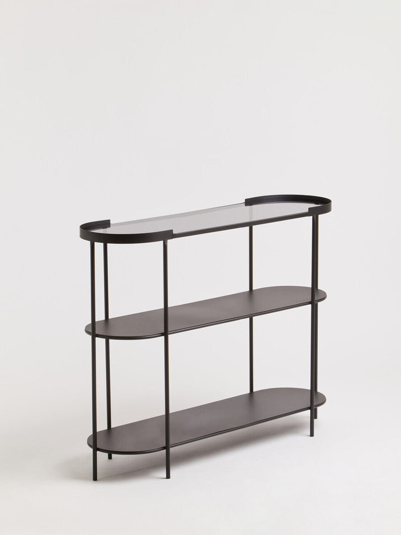 Grey Glass Top Console Table with Two-Tier Shelves and Black Metal Frame, Trento