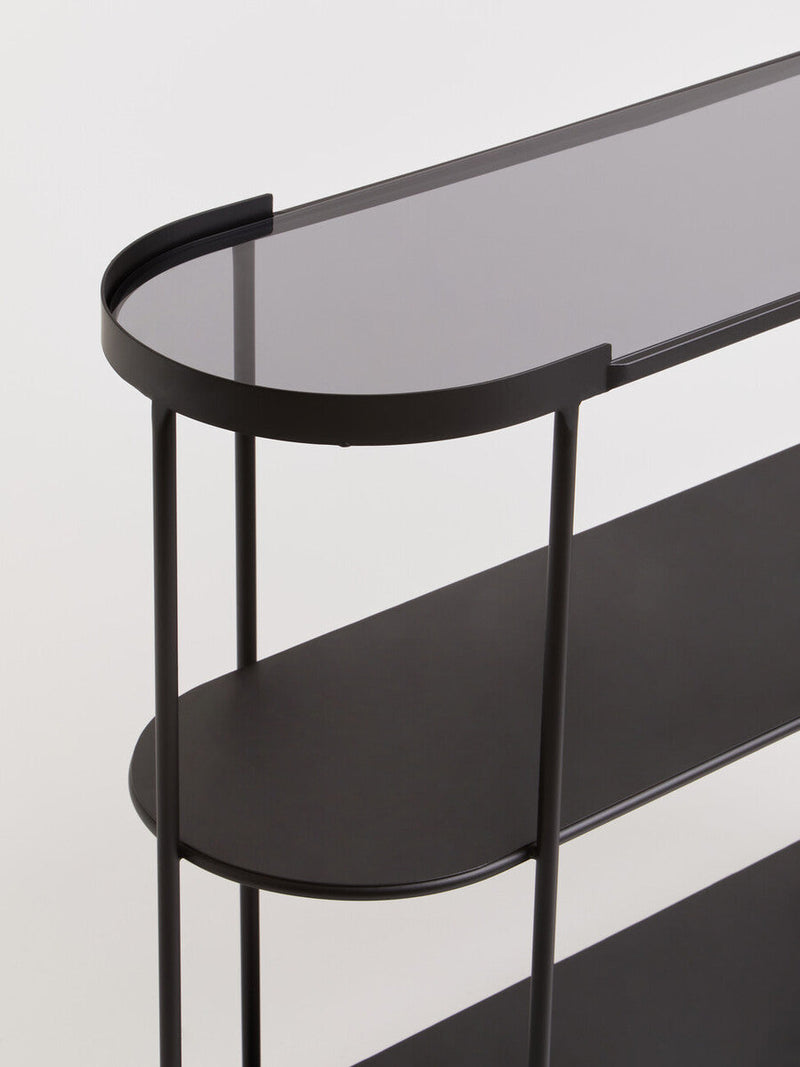 Grey Glass Top Console Table with Two-Tier Shelves and Black Metal Frame, Trento