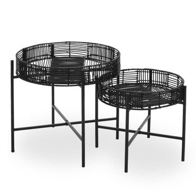 Set of 2 Black Rattan Top Side Tables with Cross Metal Frame | Batu