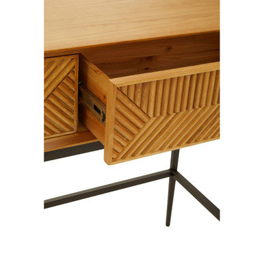 Natural Carved Wooden Effect Console Table with 2 Storage Drawer | Jakara