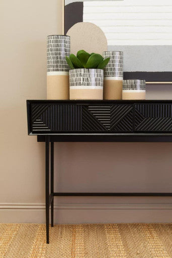 Silver and Black Carved Wooden Effect Console Table with 2 Storage Drawer | Jakara