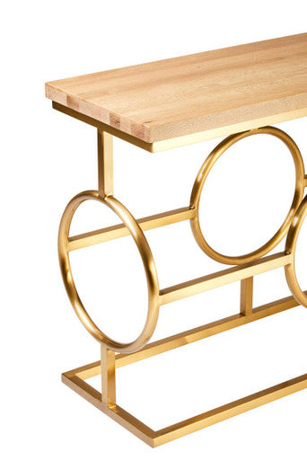 Natural Oak Wood Rectangular Console Table with Gold Finish | Jarloi