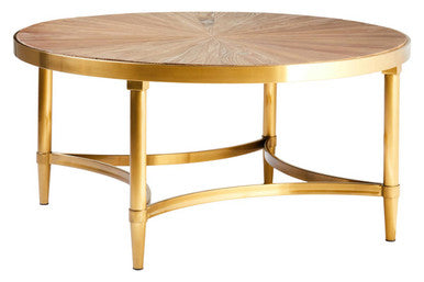Gold Aged Fir Wood Rustic Top Coffee Table with Stainless Steel Curved Base | Jana