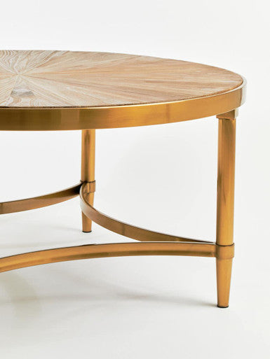 Gold Aged Fir Wood Rustic Top Coffee Table with Stainless Steel Curved Base | Jana