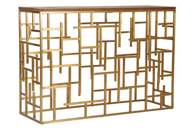 Gold Rectangular Aged Fir Wood Rustic Top Console Table with Stainless Steel Frame | Jana