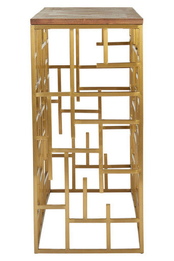 Gold Rectangular Aged Fir Wood Rustic Top Console Table with Stainless Steel Frame | Jana