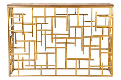 Gold Rectangular Aged Fir Wood Rustic Top Console Table with Stainless Steel Frame | Jana
