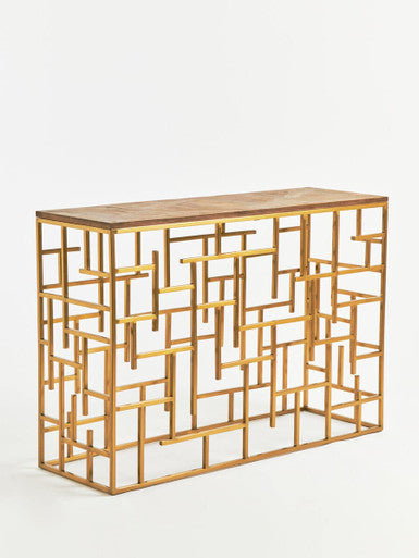 Gold Rectangular Aged Fir Wood Rustic Top Console Table with Stainless Steel Frame | Jana