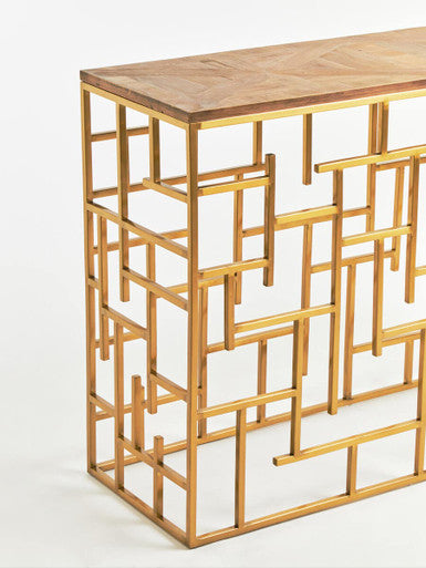 Gold Rectangular Aged Fir Wood Rustic Top Console Table with Stainless Steel Frame | Jana