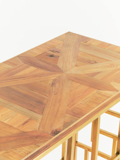 Gold Rectangular Aged Fir Wood Rustic Top Console Table with Stainless Steel Frame | Jana