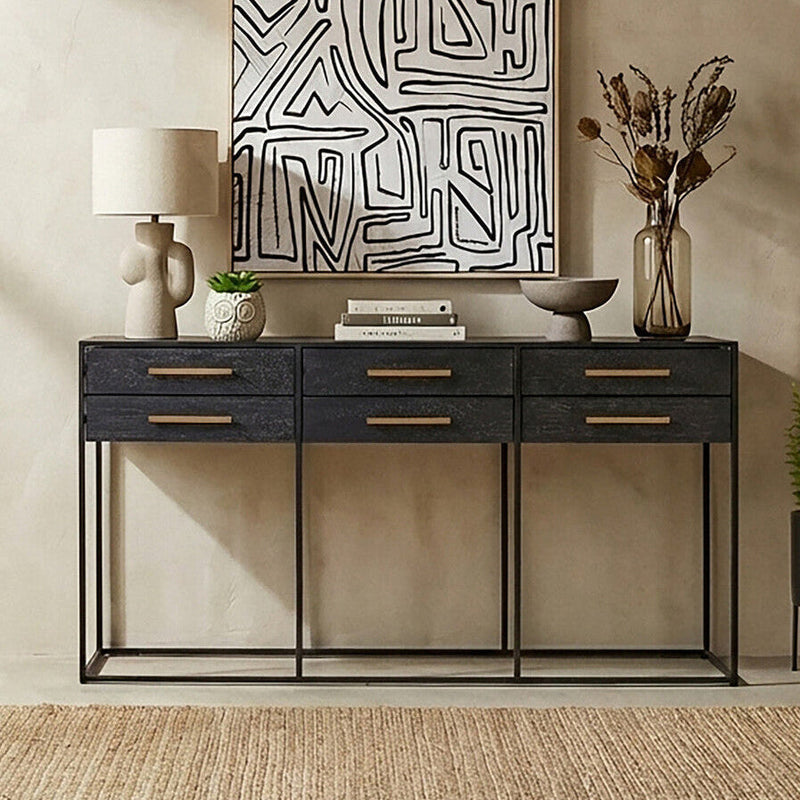 Black Finish 6-Drawer Coffee Table with Metallic Handles and Iron Frame | Judd
