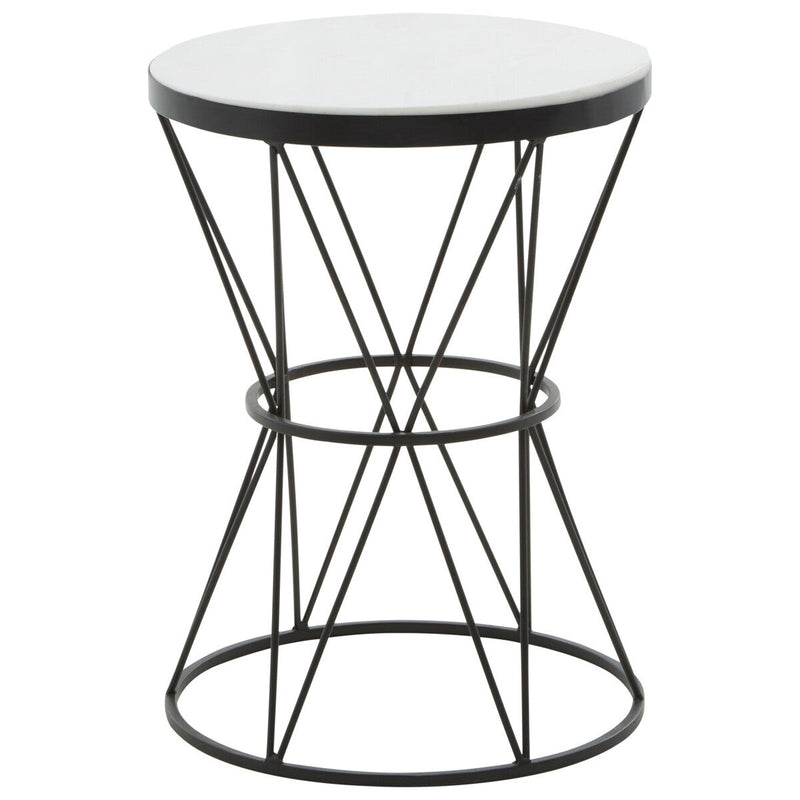 White Marble Top Side Table with Black Triangular Iron Base | Shalimar