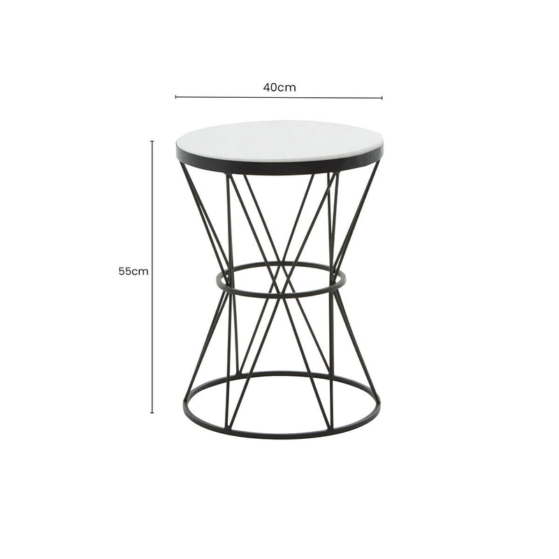 White Marble Top Side Table with Black Triangular Iron Base | Shalimar
