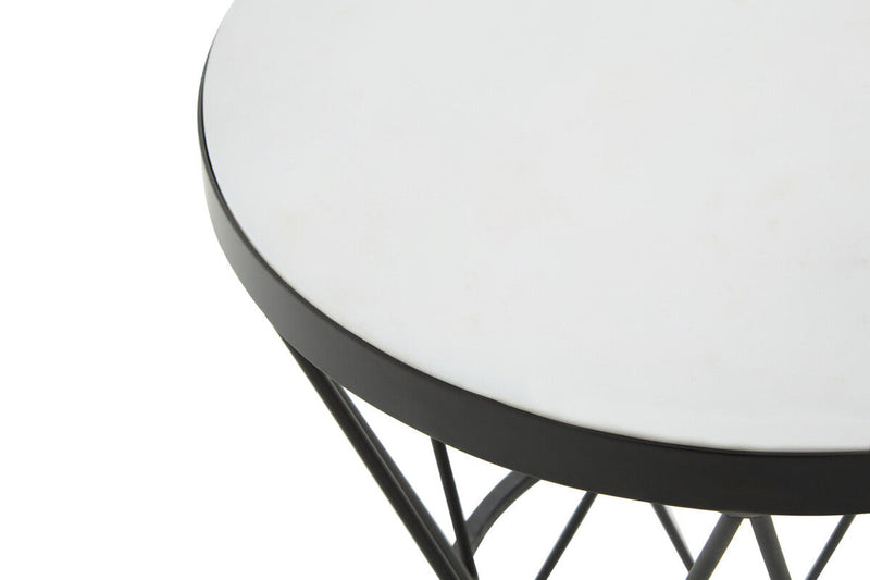 White Marble Top Side Table with Black Triangular Iron Base | Shalimar