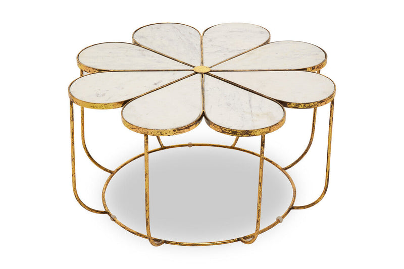 White Polished Marble Top Coffee Table with Petal Design Openwork Base | Rabia