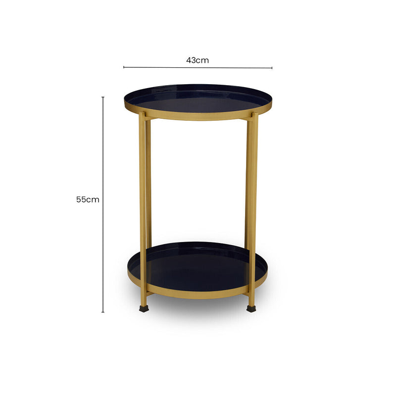 Blue Enamel Metal Two-Tier Side Table with Brass Finish Frame, Rabia