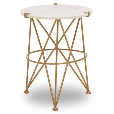 White Rounded Marble Top Side Table with Gold Brass Finish Intersecting Legs | Rabia