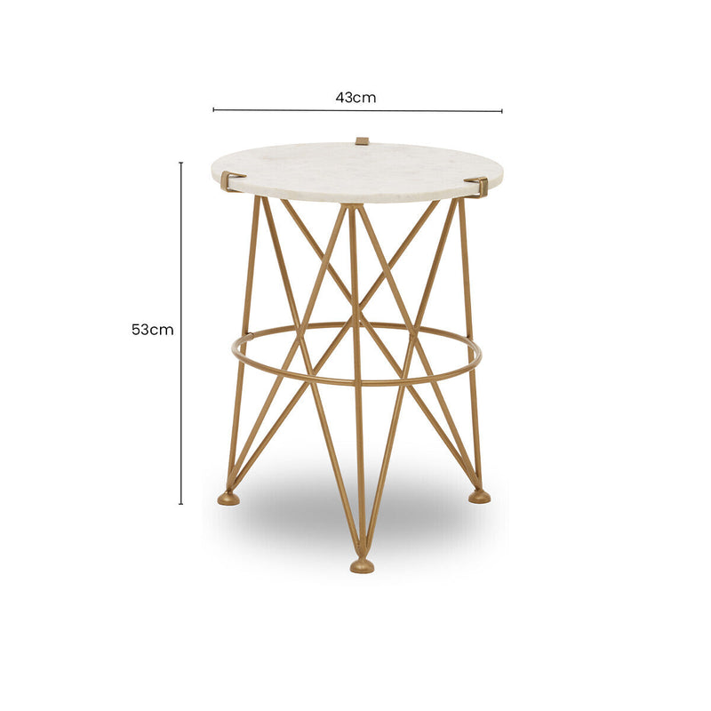 White Rounded Marble Top Side Table with Gold Brass Finish Intersecting Legs | Rabia