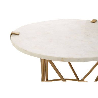 White Rounded Marble Top Side Table with Gold Brass Finish Intersecting Legs | Rabia
