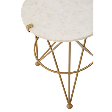 White Rounded Marble Top Side Table with Gold Brass Finish Intersecting Legs | Rabia