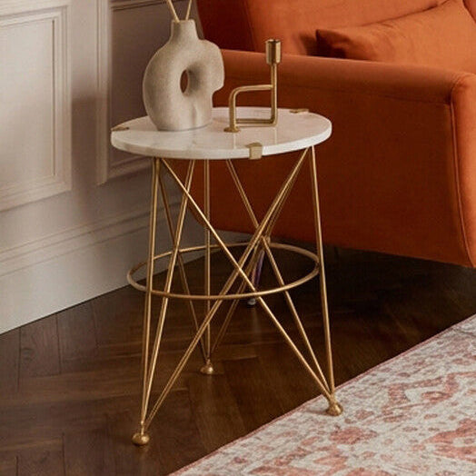 White Rounded Marble Top Side Table with Gold Brass Finish Intersecting Legs | Rabia