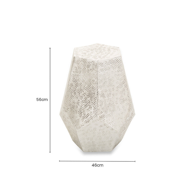 Grey Polished Aluminium Drum Side Table with Geometric Detail Pattern | Rabia