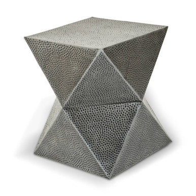 Grey Square Stool with Geometric Detailing and Antique Zinc Finish | Rabia