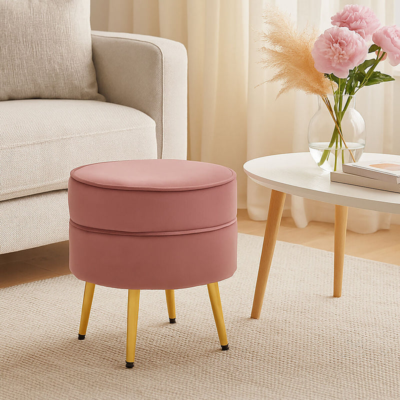 Round Dusty Pink Velvet Gold Leg Footstool | Tamra