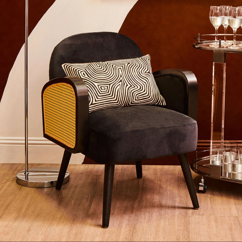 Black Velvet and Rattan Armchair | Hala