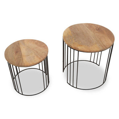 Set of 2 Natural Mango Wood Round Side Tables with Black Metallic Drum Shaped Open Frame | Nandri