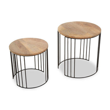 Set of 2 Natural Mango Wood Round Side Tables with Black Metallic Drum Shaped Open Frame | Nandri