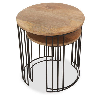 Set of 2 Natural Mango Wood Round Side Tables with Black Metallic Drum Shaped Open Frame | Nandri