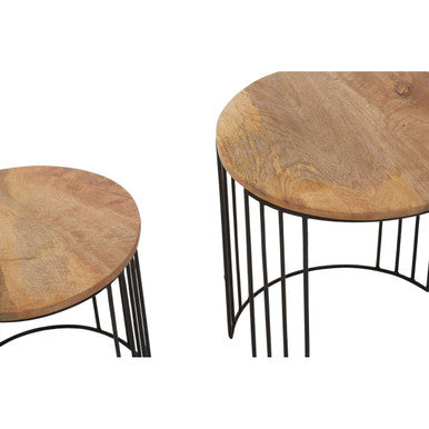 Set of 2 Natural Mango Wood Round Side Tables with Black Metallic Drum Shaped Open Frame | Nandri