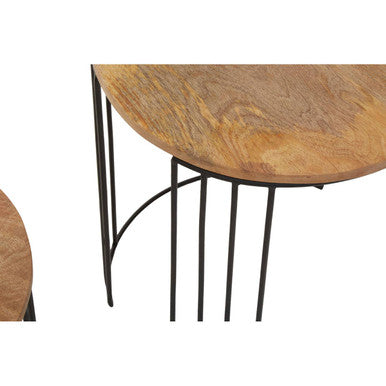 Set of 2 Natural Mango Wood Round Side Tables with Black Metallic Drum Shaped Open Frame | Nandri
