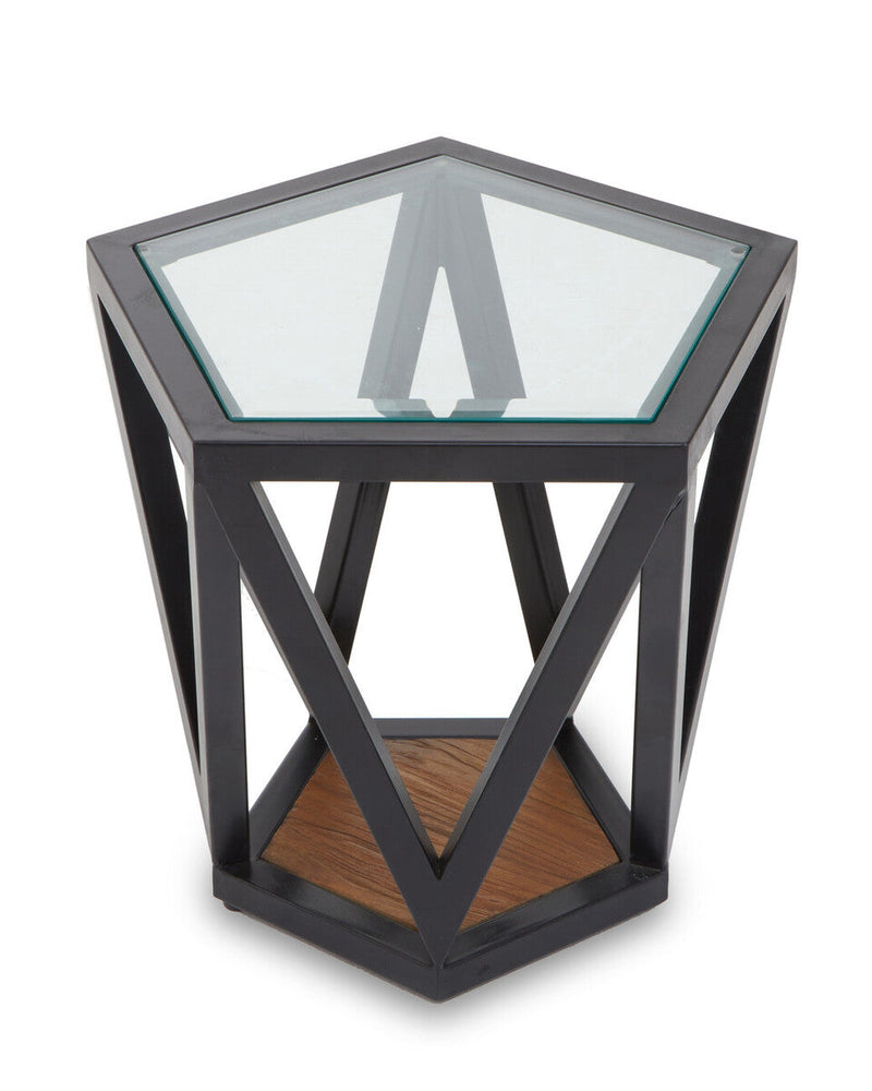 Black Geometric Metal Frame Hexagon Side Table with Tempered Glass Top and Wood Effect Base Inside | Cibo