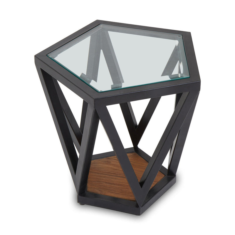 Black Geometric Metal Frame Hexagon Side Table with Tempered Glass Top and Wood Effect Base Inside | Cibo