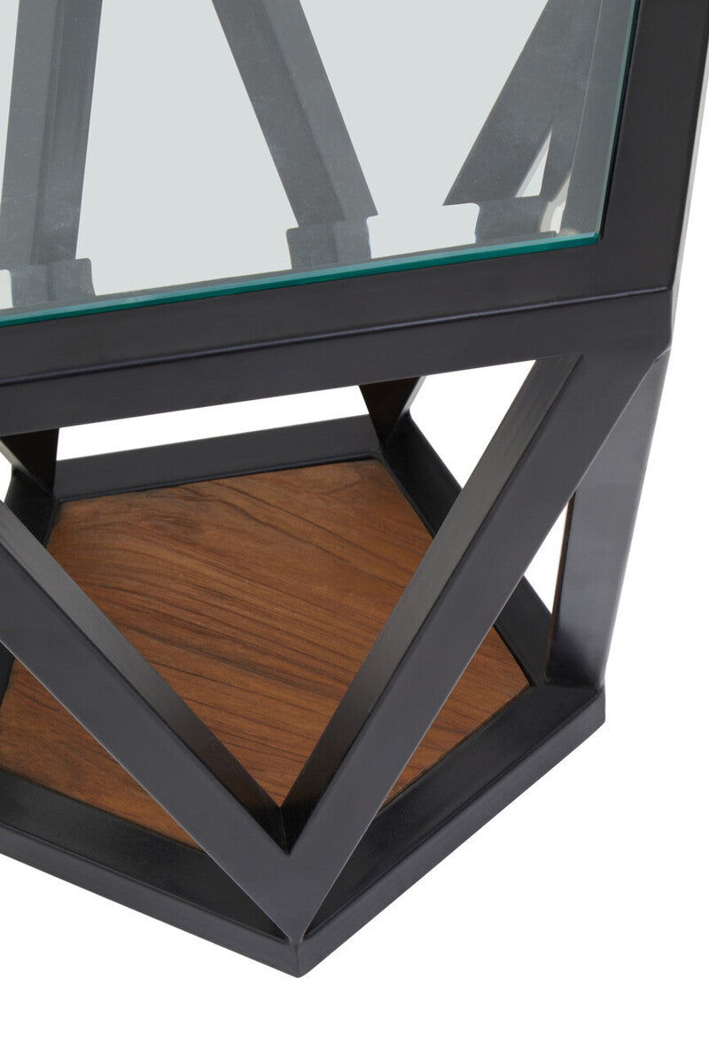 Black Geometric Metal Frame Hexagon Side Table with Tempered Glass Top and Wood Effect Base Inside | Cibo