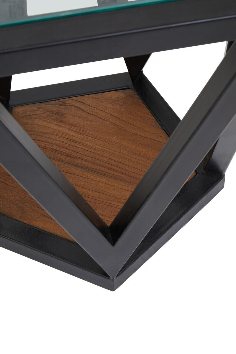 Black Geometric Metal Frame Hexagon Side Table with Tempered Glass Top and Wood Effect Base Inside | Cibo