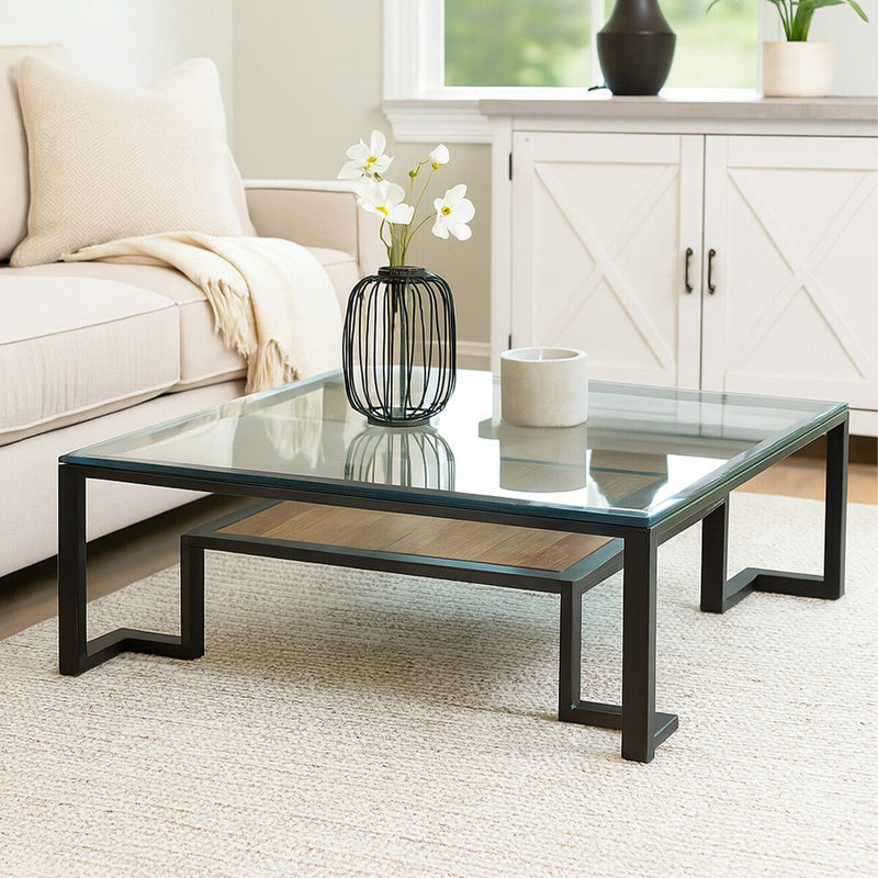 Black Wooden Frame and Glass Top Coffee Table with Shelf | Cibo