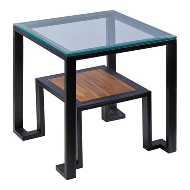 Clear Glass Top Side Table with Lower Wood Shelf and Black Metal Frame | Cibo