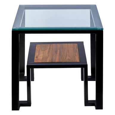 Clear Glass Top Side Table with Lower Wood Shelf and Black Metal Frame | Cibo