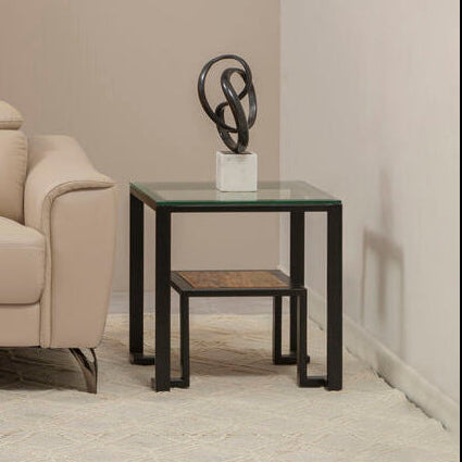 Clear Glass Top Side Table with Lower Wood Shelf and Black Metal Frame | Cibo