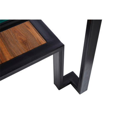 Clear Glass Top Side Table with Lower Wood Shelf and Black Metal Frame | Cibo