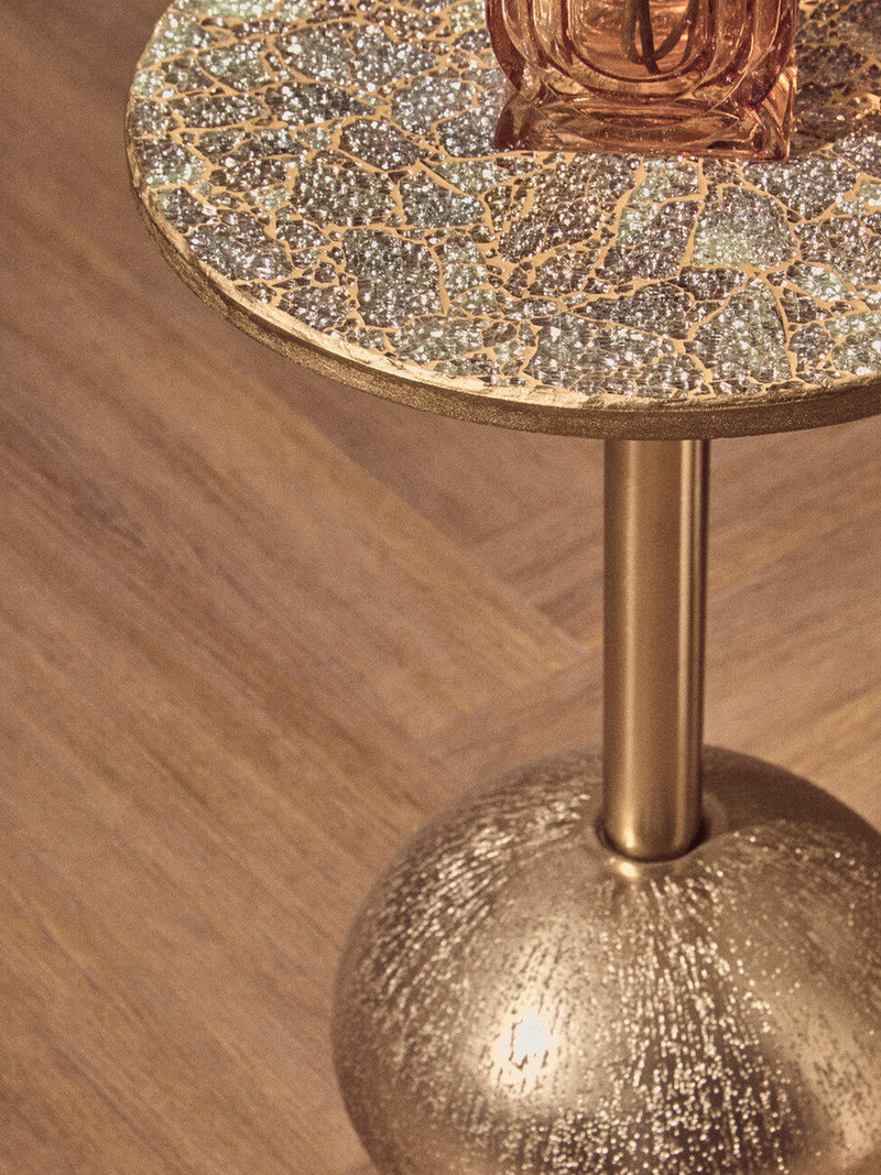 Geometric Mosaic Top Gold Finish Side Table with Slim Column and Round Base | Inventivo